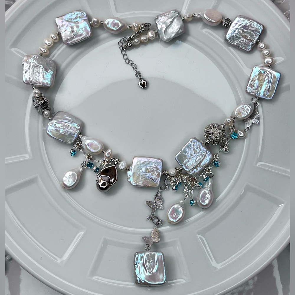 Handmade Freshwater Huge Square Baroque Pearl Crystal Unique Necklace